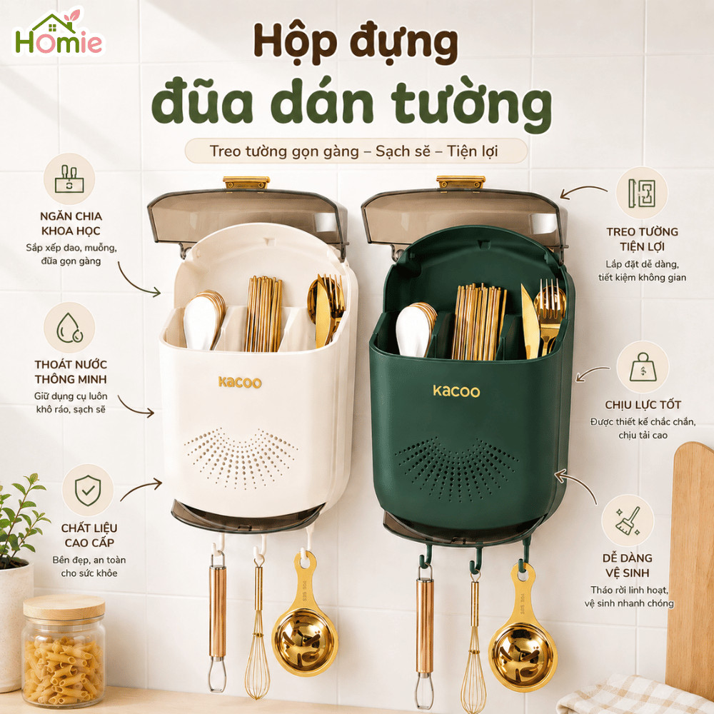 Hộp Đựng Đũa Muỗng Treo Tường KACOO Thoáng Khí Ngăn Ẩm Mốc HOMIE, Ống Đựng Đũa Có Nắp Đậy, Móc Treo
