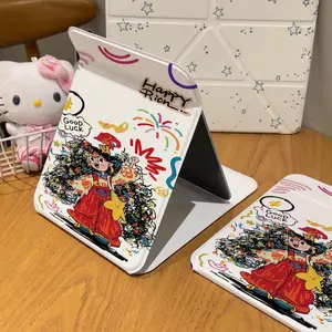 Gương gấp mini họa tiết cô gái váy đỏ retro vẽ tay gương cá tính