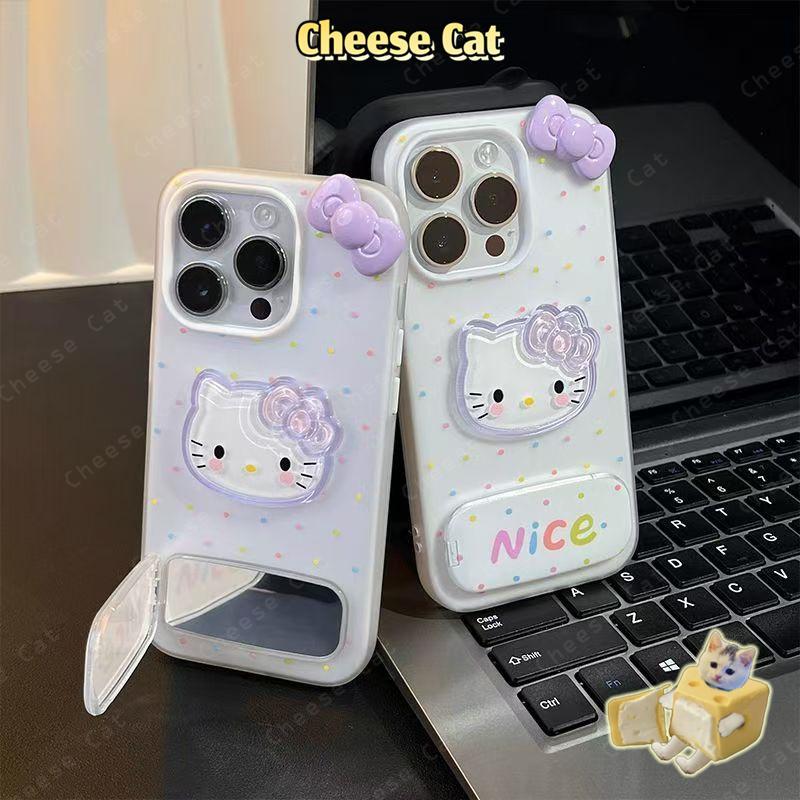 Cho iPhone Nơ Tím Kitty Ốp Lưng Điện Thoại Gương Mỹ Phẩm Điện Thoại Dành Cho iPhone 11 12 13 14 15 16 17 Pro Max Xs XR