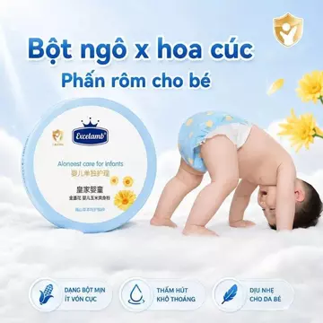 Phấn rôm cao cấp Excelamb – bột ngô + hoa cúc kim tiền, không talc, không paraben. Thấm hút mồ hôi, chống hăm, ngừa rôm