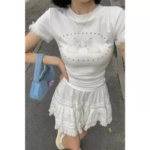 Áo thun ngắn tay in họa tiết chấm bi ren dành cho nữ Mùa hè Phong cách mới Cổ tròn chính hãng Slim-Fit