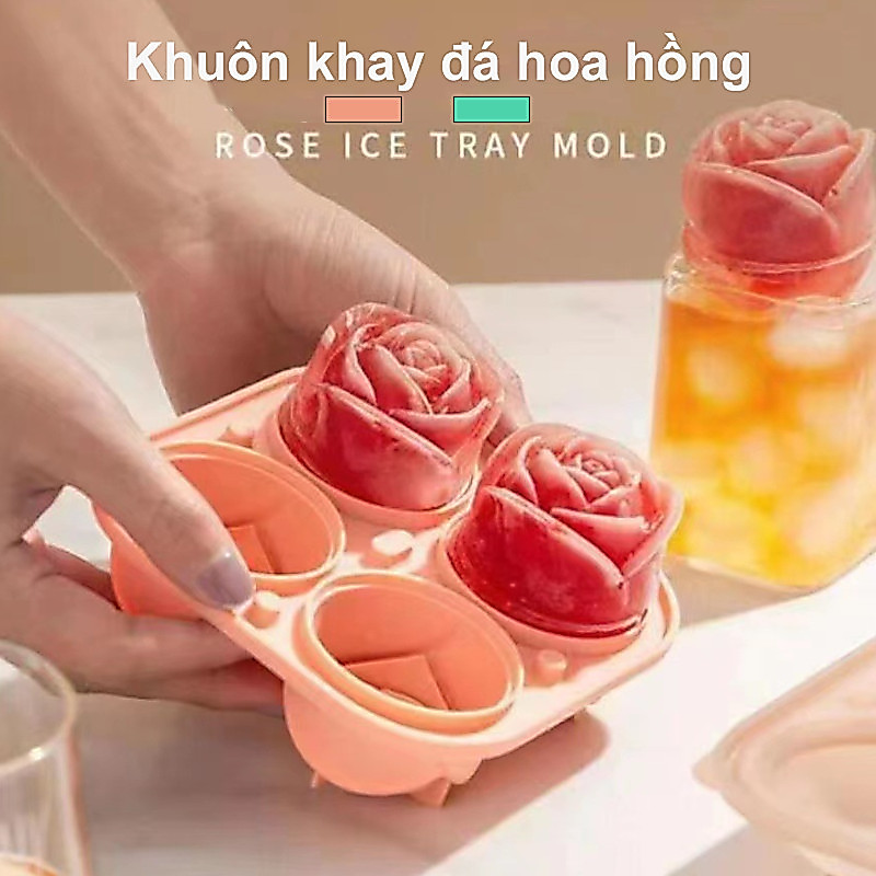 Khuôn làm đá 4 viên hình bông hoa hồng khay đá silicon，Hộp đựng đồ uống lạnh bằng silicon gia dụng，Đẹp và thiết thực