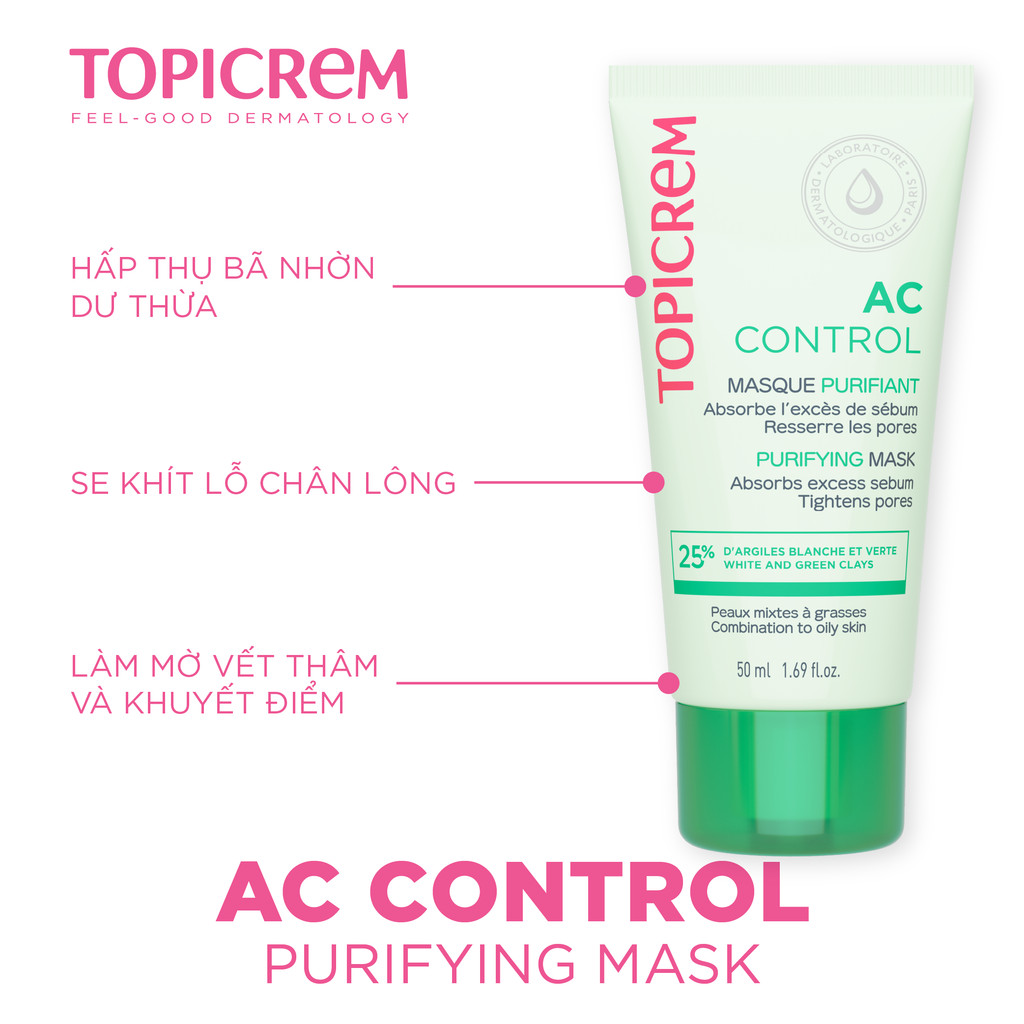 Mặt nạ giúp hấp thụ bã nhờn dư thừa và se khít lỗ chân lông TOPICREM AC CONTROL PURIFYING MASK 50ml