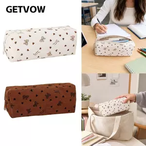 Túi đựng bút GETVOW, Bút chì cầm tay vải nhung, Thẩm mỹ dung tích lớn Nơ & In hình trái tim Dụng cụ tổ chức văn phòng trường học