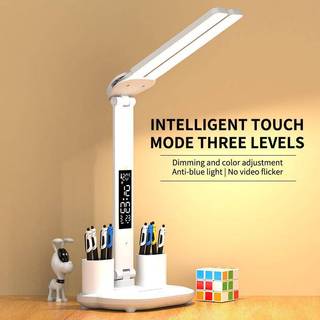 Đèn bàn LED Hai đầu USB có thể điều chỉnh độ sáng đèn bàn với đồng hồ lịch có thể gập lại bảo vệ mắt đọc đèn ngủ