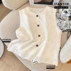 Áo vest ren IN FANSIN, Áo vest nữ màu trơn cổ chữ O, Áo khoác vest họa tiết Jacquard đơn không tay kiểu Hàn Quốc mùa xuân thu
