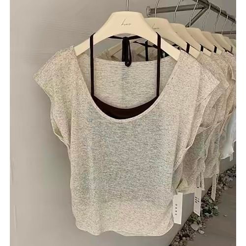 Milyfashion Giả Hai Mảnh Tay Ngắn + Dây Sling Cổ Chữ U Lớn Áo Thun Ngắn Tay Slim-Fit Sli