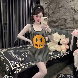 Váy 2 Dây Kẻ Ngang Mặt Cười Dou3le.six Đầm Suông Chất Cotton Co Giãn Mềm Nữ Tính .
