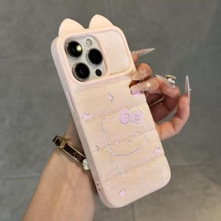 Ốp lưng tai mèo áo lông vũ Hello Kitty nét kim tuyến hồng, phong cách ins thích iPhone 16/17/15/14/13/12/11/X/XS Max