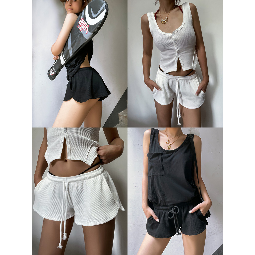 Mỹ Quần Short Waffle RetroSlimmer nhìn dài chân, eo thấp có túi, phù hợp tập yoga