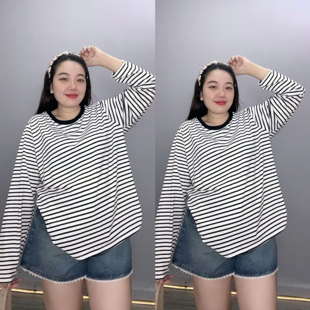 Áo thun Nữ Bigsize CÔ NHỎ Phom Rộng Dài Tay Cổ Tròn Kẻ Sọc Thun Cotton Co Giãn Nhẹ - A296