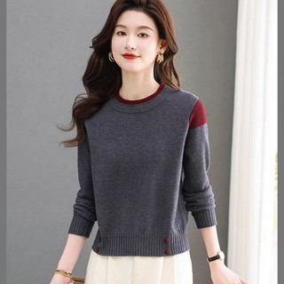 Áo len nữ tay dài cổ tròn màu đỏ, dệt kim mỏng, phong cách Hàn Quốc