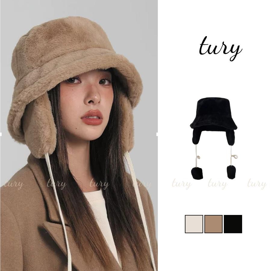 Nón Len Unisex Nam Nữ - Tury - Mũ len bucket chụp tai phối dây bông- NL056