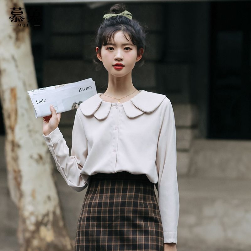 Mutu Gentle Series Búp Bê Cổ Áo Sơ Mi Trắng Dài Tay Cho Nữ
