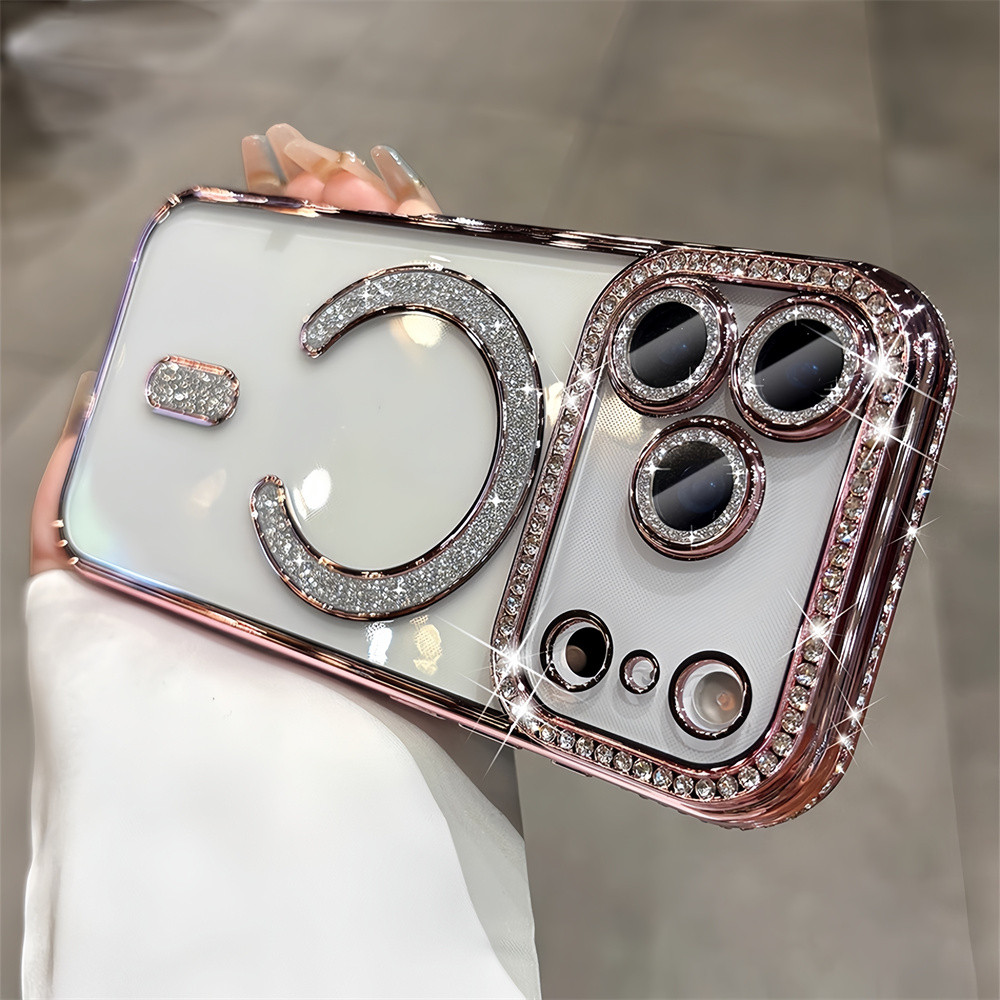 Ốp điện thoại từ tính kim cương lấp lánh cho iPhone 17 Pro Max 12 13 14 15 16 Pro Max Ống kính bảo vệ Camera Vỏ chống sốc Vỏ mềm TPU Vỏ bảo vệ điện thoại