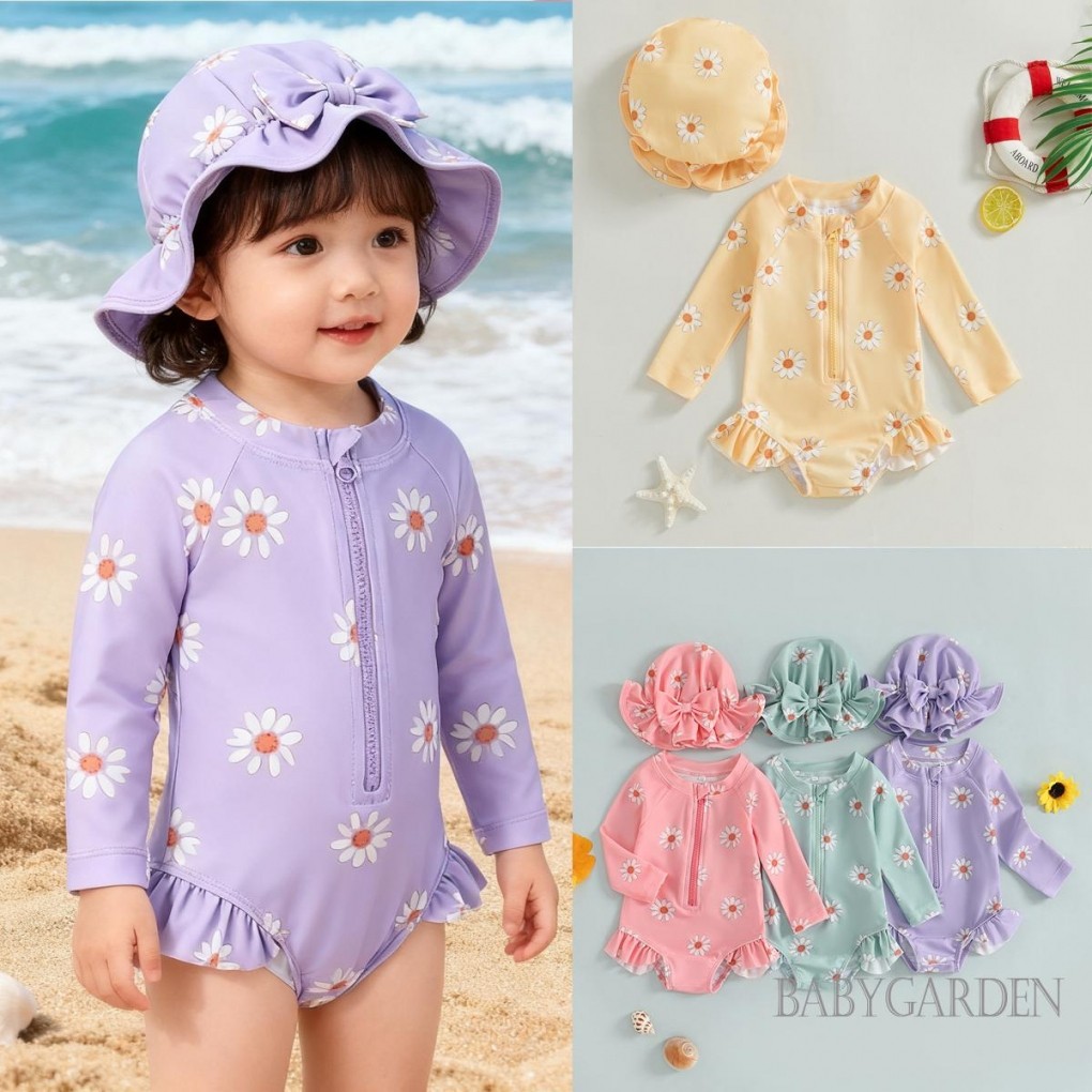 Đồ bơi một mảnh in hoa dài tay cho bé gái có mũ