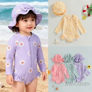 Đồ bơi một mảnh in hoa dài tay cho bé gái có mũ