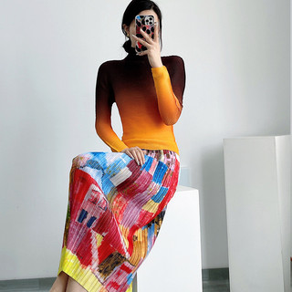 Miyake Áo Sơ Mi Cổ Cao Tay Dài Thiết Kế Xếp Ly Gradient Cho Nữ