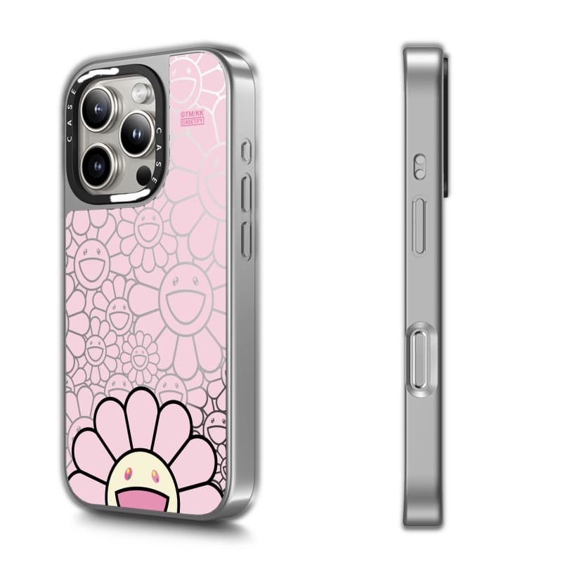 TAKASHI MURAKAMI x CASECASE: FLOWERS BLOOM SMILE (HỒNG) Gương đen & bạc Vỏ iPhone hút từ tính cho iPhone 17 Air 16 15 14 13 12 Pro Max Plus logo khắc