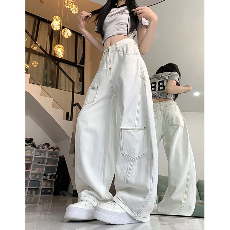 American High Street Thiết Kế Trắng Sense Machete Jeans Nữ Thu Đông Phong Cách Mới Rời Ôm Hơn Nhìn Cao Cấp Ống Rộng Lau Quần