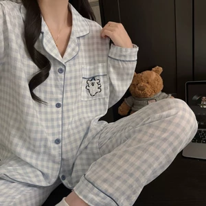 Đồ Ngủ Quần Dài Dài Tay Cotton Đám Mây Hoạt Hình Mùa Xuân Thu Cho Nữ Áo Cardigan Cổ Bẻ Ngọt Ngào Kiểu Nhật Đồ Mặc Nhà