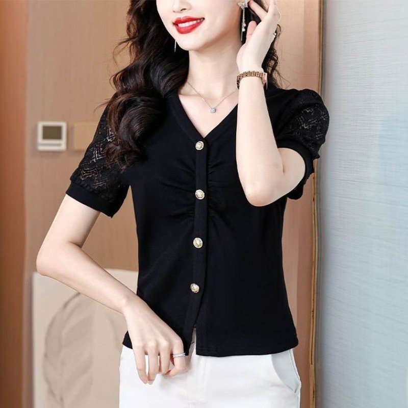 Áo thun ngắn tay màu đen thời trang mùa hè mới cổ chữ V thông thường dành cho nữ