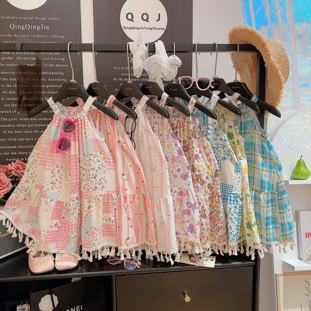 Đầm lụa Cotton hoa cho bé gái mùa hè mỏng phù hợp với váy đi biển 80-160 Size RN6A