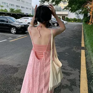 Váy dây đeo dây anh đào sang trọng phong cách Hàn Quốc làm trắng mùa hè Máy cẩn thận Váy dài vừa phải