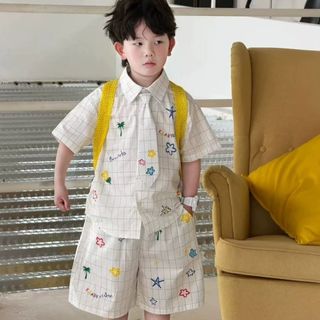 Bộ đồ bé trai caro mùa hè - Áo sơ mi tay ngắn phối quần short thêu họa tiết phong cách Hàn