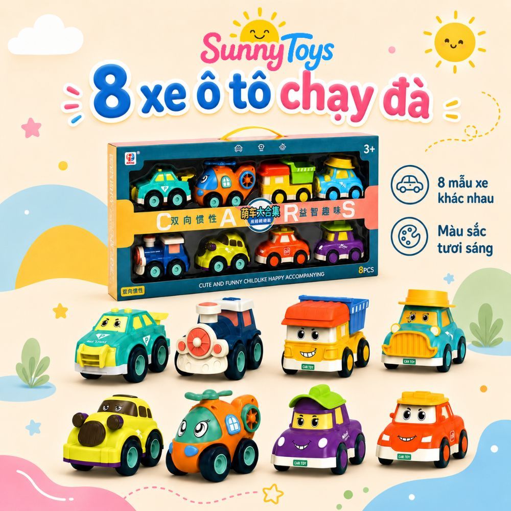 Set 8 Xe Cảnh Sát Quán Tính Không Dùng Pin SunnyToys - Bộ Ô Tô Mini Hoạt Hình Cho Bé Chơi Vui