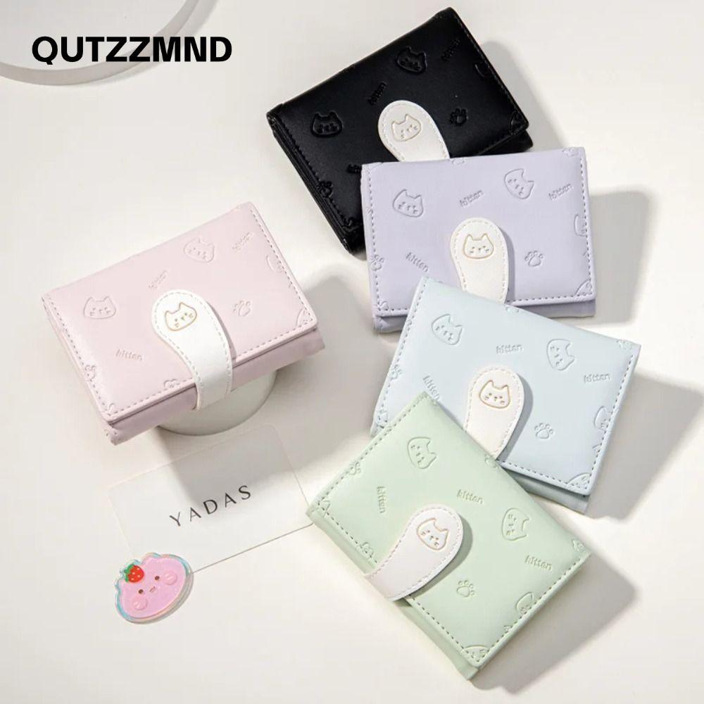 QUTZZMND Mèo Con In Ví, Túi ID Bé Gái Thời Trang Ngắn Dễ Thương Ví Nhỏ, Đựng Thẻ Dây Đeo Khóa PU Túi Đựng Tiền Nữ