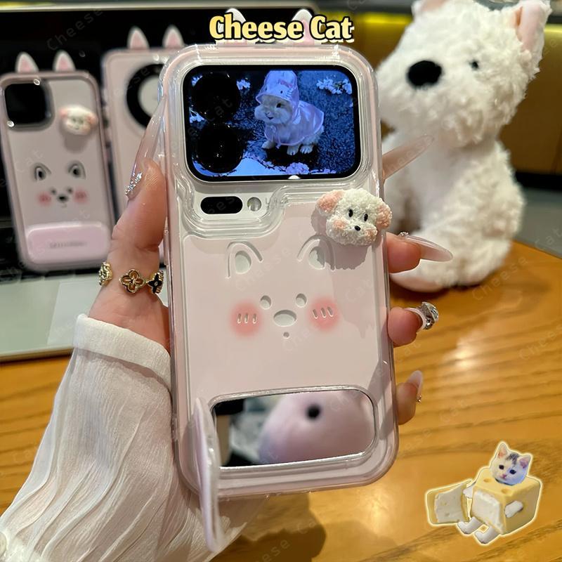 Ốp điện thoại tai chó con 3D dễ thương dành cho iPhone 13 14 15 Plus 16 12 11 17 Pro Max Ốp lưng kèm gương trang điểm