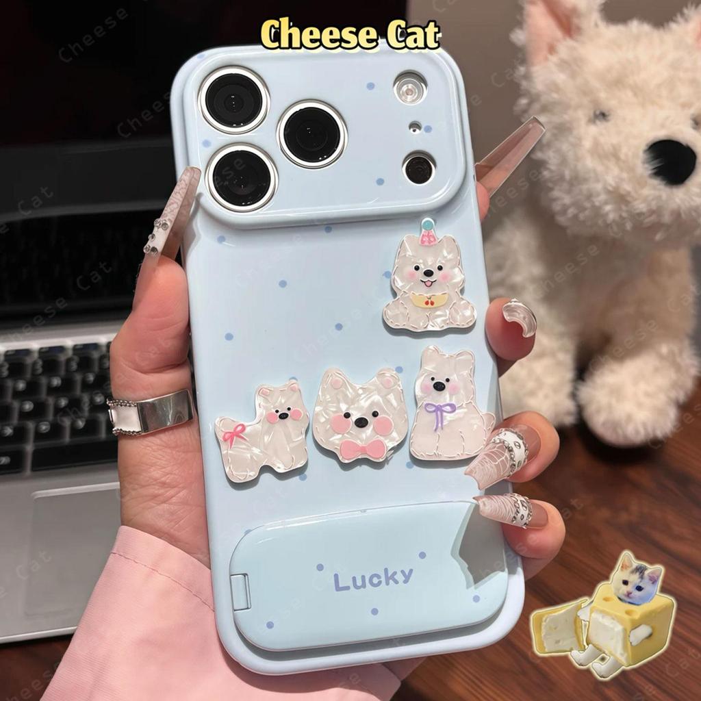 Ốp điện thoại có đế gương hình chó con chấm bi đơn giản cho iPhone 17 Pro Max 11 12 13 14 15 Plus