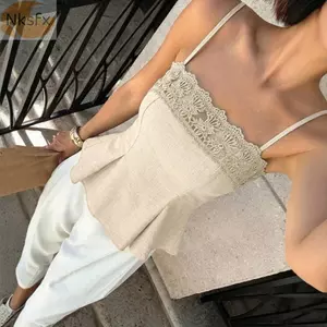 Áo ba lỗ nữ NKSFX, Áo ba lỗ ren cổ vuông mỏng vừa vặn mùa hè, Áo ba lỗ thêu hợp thời trang Áo ba lỗ thông thường đa năng Áo đi chơi