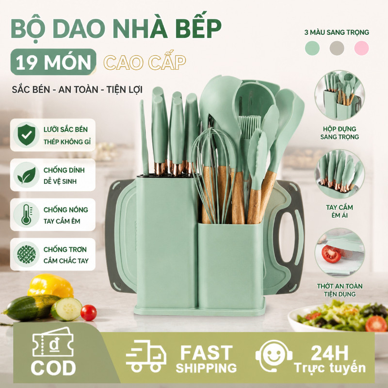 Bộ dao nhà bếp cao cấp 19 món, chống trơn chống nóng chống dính, kèm hộp đựng sang trọng, lưỡi sắc bén