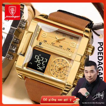 POEDAGAR Đồng hồ đeo tay nam điện tử Hình chữ nhật Đèn LED chống nước Ngày tuần Đồng hồ nam Đồng hồ nam đa chức năng kỹ thuật số Đồng hồ nam thạch anh