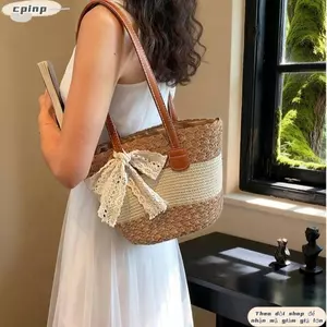 Túi đeo vai CPINCP, Túi Tote thủ công dung tích lớn, Túi xách đi biển nhẹ bằng rơm sọc mùa hè
