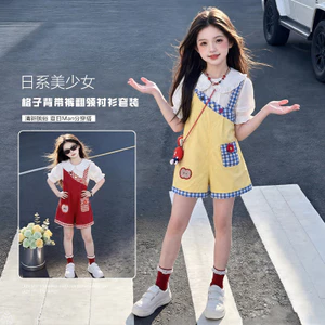 Quần yếm ngọt ngào cho bé gái Mùa hè Phong cách mới Quần short một vai kẻ sọc cho trẻ em