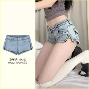 Eo Thấp Siêu Quần Short Nữ Mỹ Retro Phong Cách Mới Thẳng Màu Xanh Slit ins Phong Cách Quần Jean