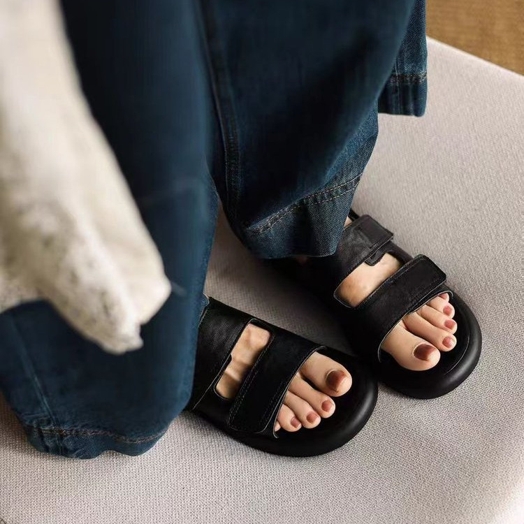 Phong Cách Hàn Quốc Mũi Tròn Màu Trơn Mở Mũi Phẳng Chống Trơn Trượt Dép PU Nữ Hàng Ngày Mặc Ngoài Trời Đơn Giản Slip-On Dép Nhẹ Nhà Máy Giá Bán Buôn