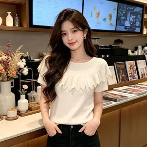 Áo thun ngắn tay thuần khiết kiểu Pháp mùa hè 2026 dành cho nữ cổ tròn móc phẳng Công nghiệp nặng Slim-Fit Top Phong cách phương Tây Slimmer Look Hẹn hò Tất cả @