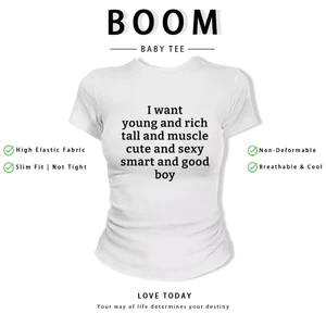 BOOM Áo Baby Tee Nữ Cotton Ôm Body-Áo Thun Ngắn Tay Y2K In Hình PhongCách Mùa Hè, Cổ Tròn Hàng Đầucách hàn quốc phong528