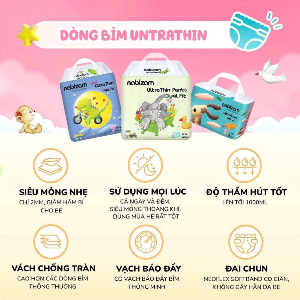Tã/Bỉm Quần NABIZAM Ultra Thin Nội Địa Hàn, Mềm Mỏng Size M32/L30/XL26/2XL22/3XL20 Cho Bé 6-25kg