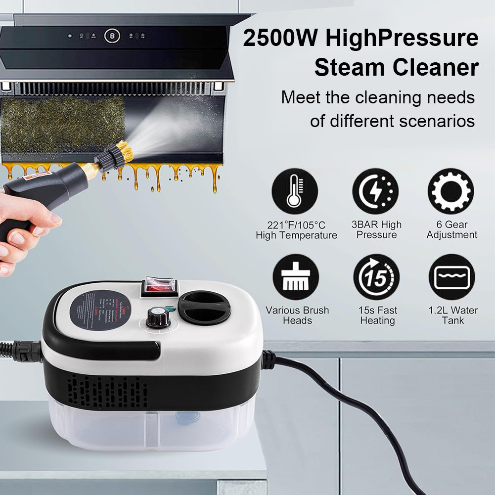 Máy làm sạch hơi nước 2500W 6 bánh có thể điều chỉnh áp suất cao & nhiệt độ Máy làm sạch hơi nước đa năng Máy làm sạch di động