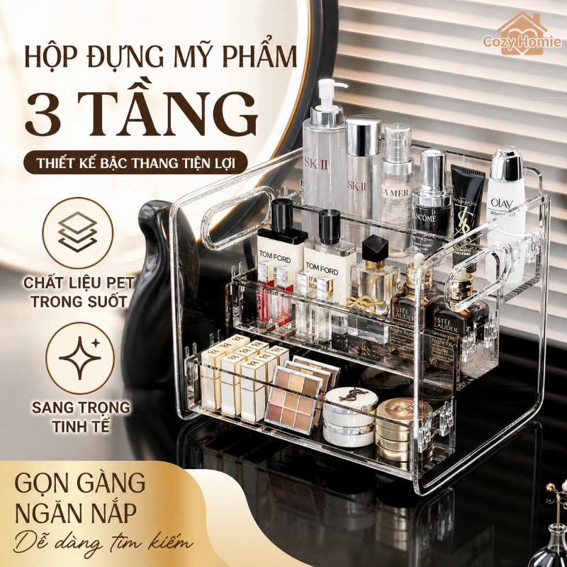 Hộp đựng mỹ phẩm 3 tầng hình thang PET trong suốt đa năng đựng vật dụng nhỏ dễ di chuyển gọn gàng