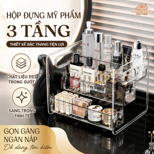 Hộp đựng mỹ phẩm 3 tầng hình thang PET trong suốt đa năng đựng vật dụng nhỏ dễ di chuyển gọn gàng
