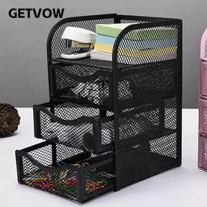 GETVOW Máy Tính Để Bàn Tổ Chức, Kim Loại Đen Để Bàn Tổ Chức, Hộp Đựng Bút Dây Lưới 3 Ngăn Kéo Đa Năng Văn Phòng Bàn Tổ Chức Cho Văn Phòng