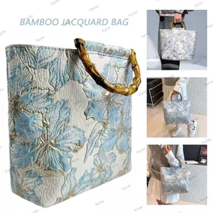 Túi Tote PYCOU Hanfu, Tay Cầm Tre Túi Tote Qipao Hoa Cổ Điển, Họa Tiết Hoa Phong Cách Quốc Gia Phong Cách Retro Dung Tích Lớn Tre Jacquard Túi Hanfu Phù Hợp