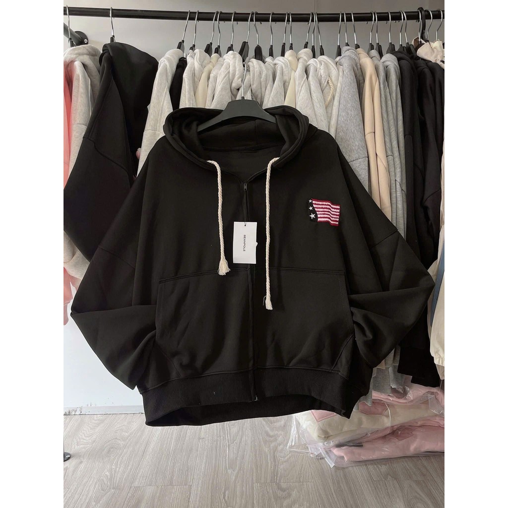 Áo khoác nỉ hoodie unisex rộng form, nhiều màu sắc nam nữ, tay phồng, thiết kế lá cờ Mỹ thoitrangthubio