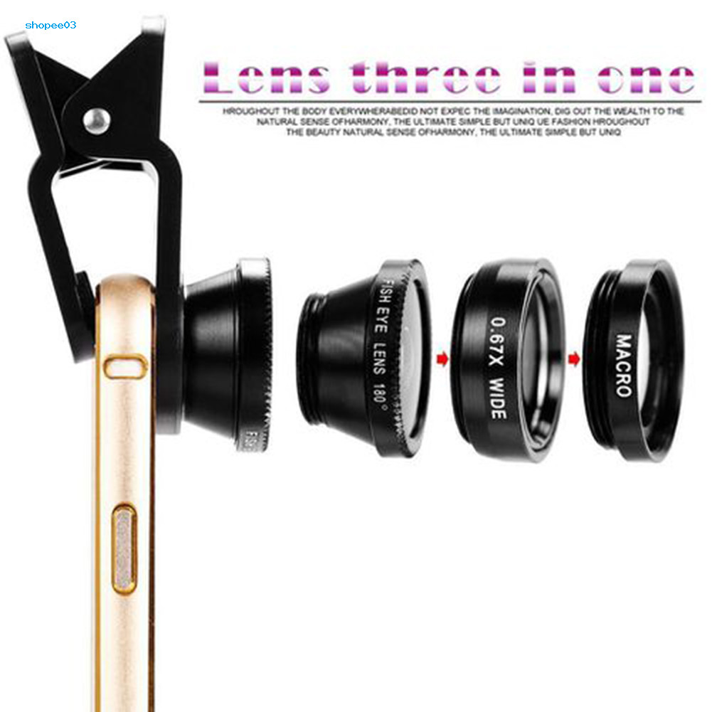 [Ky] Camera điện thoại di động 3 trong 1 Fish Eye Macro Bộ ống kính góc siêu rộng có kẹp